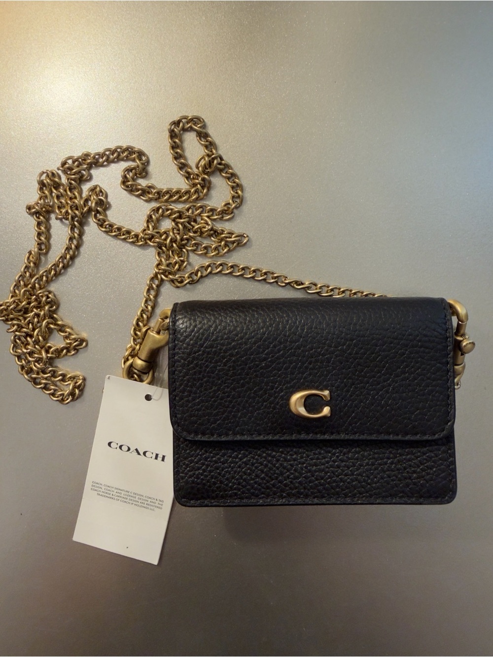 Coach Black Pebbled Leather Mini Crossbody Wallet with Gold Chain